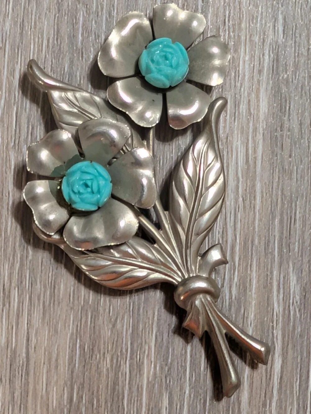 Silver Tone Floral Brooch with Molded Turquoise Resin Roses
